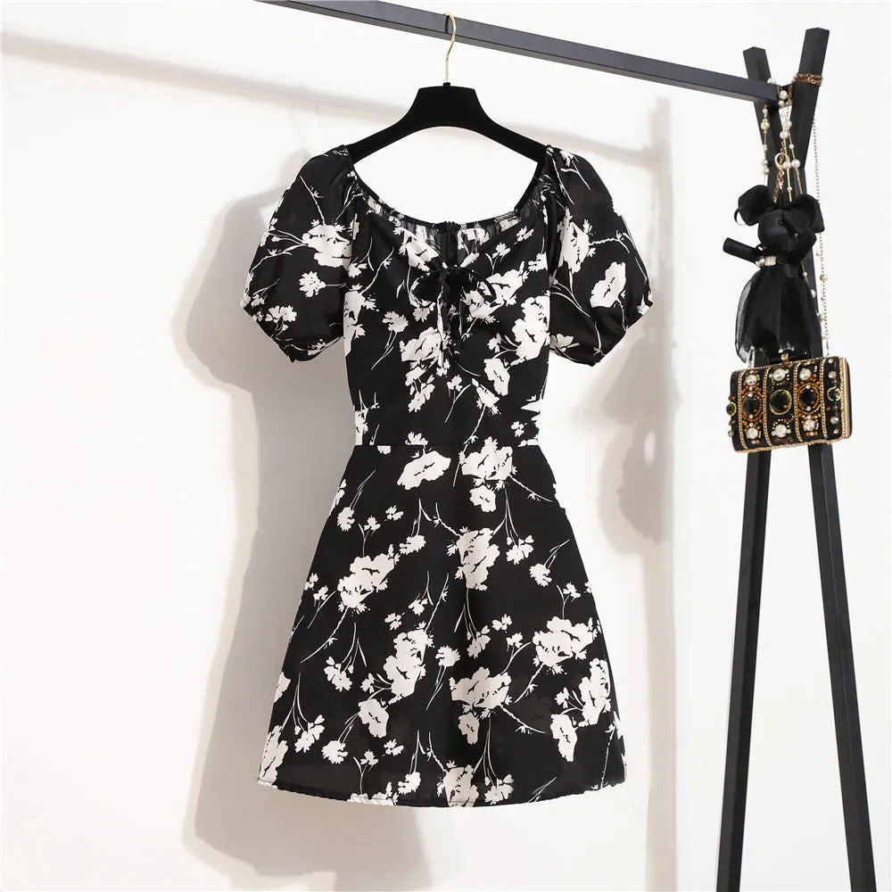 Summer New Short Skirt Bubble Sleeves Waist Thin Small Temperament Floral Dress