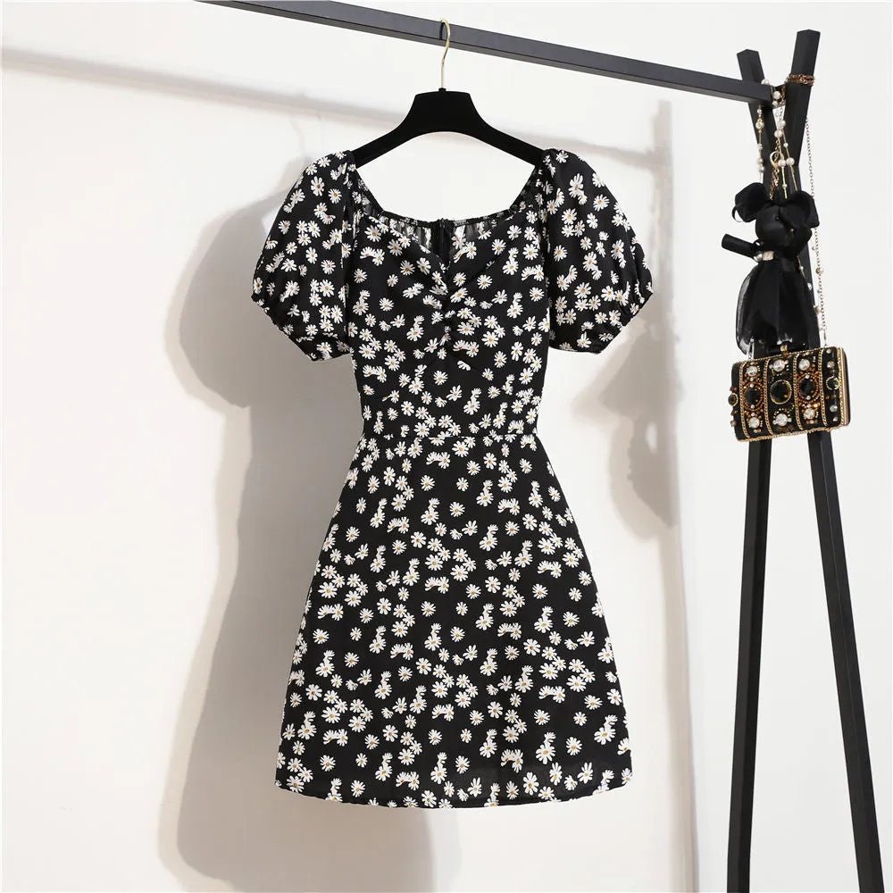 Summer New Short Skirt Bubble Sleeves Waist Thin Small Temperament Floral Dress