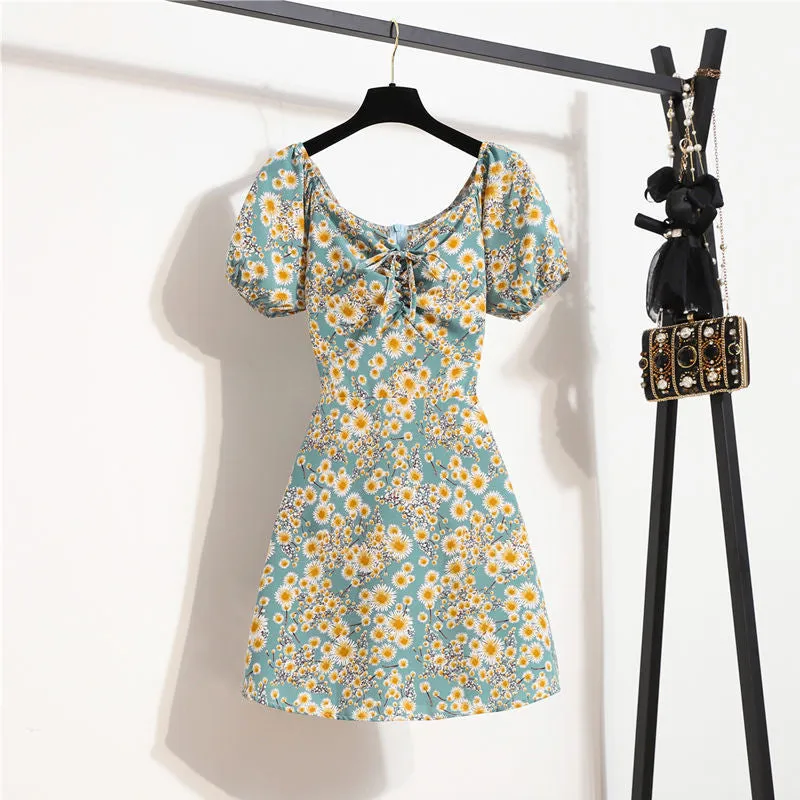 Summer New Short Skirt Bubble Sleeves Waist Thin Small Temperament Floral Dress