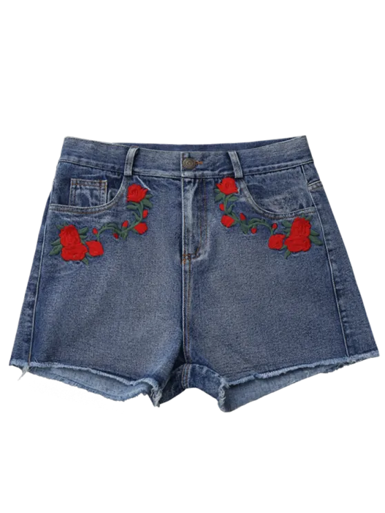 Trendy Cutoffs Rose Embroidered Denim Shorts