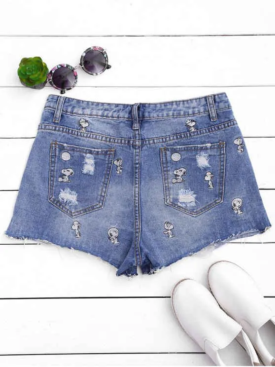 Trendy Puppy Embroidered Destroyed Denim Shorts