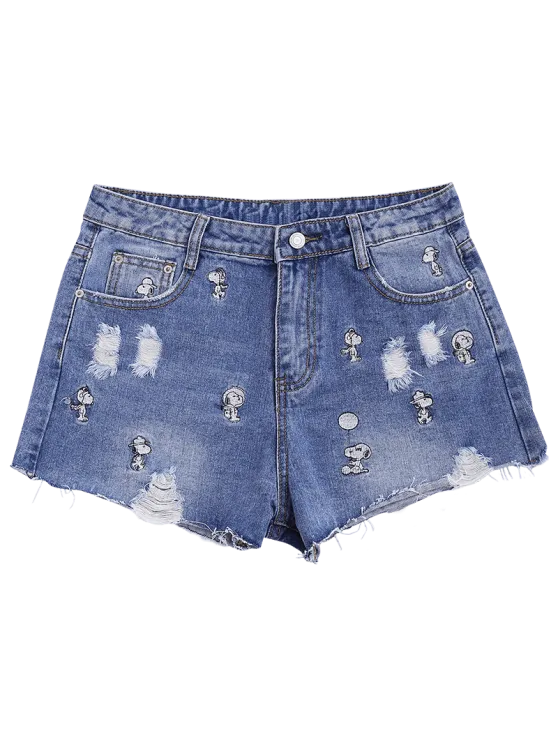 Trendy Puppy Embroidered Destroyed Denim Shorts