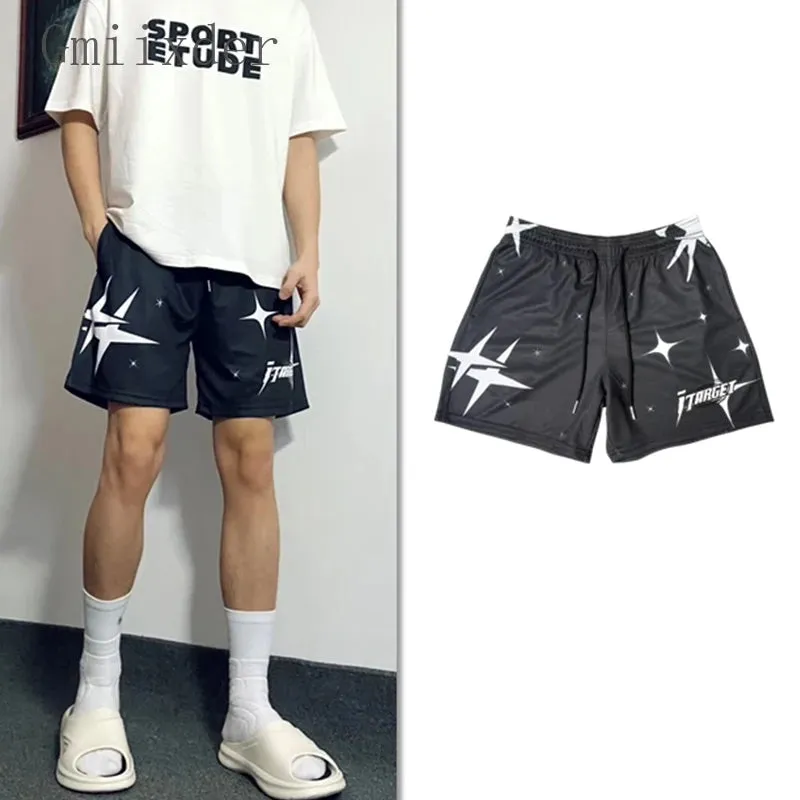 WIAOFELLAS  -  American Trendy Star Shorts Men's Korean Version 2024 Summer High Street Loose Breathable Mesh Basketball Sports Quarter Pants