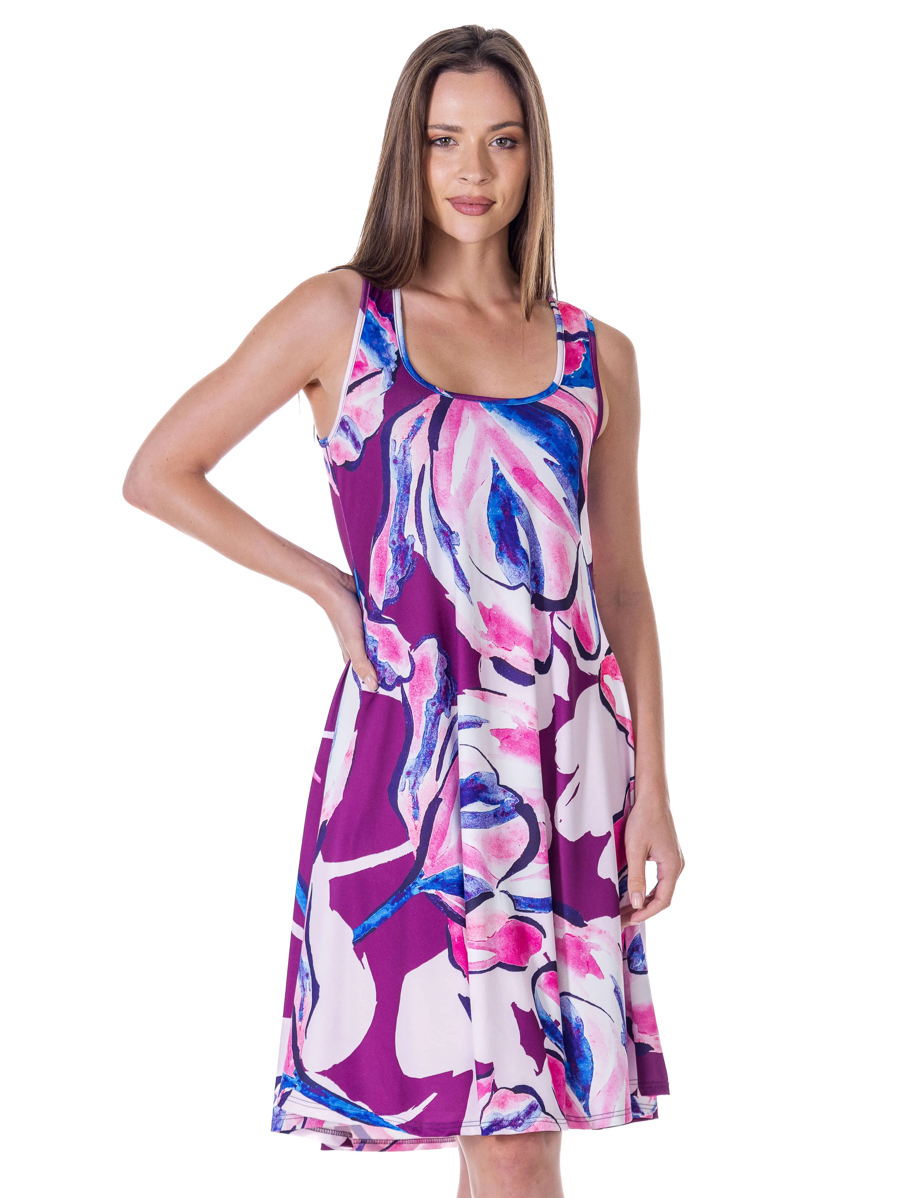 Womens Purple Floral Sleeveless Knee Length Tank Swing Dress