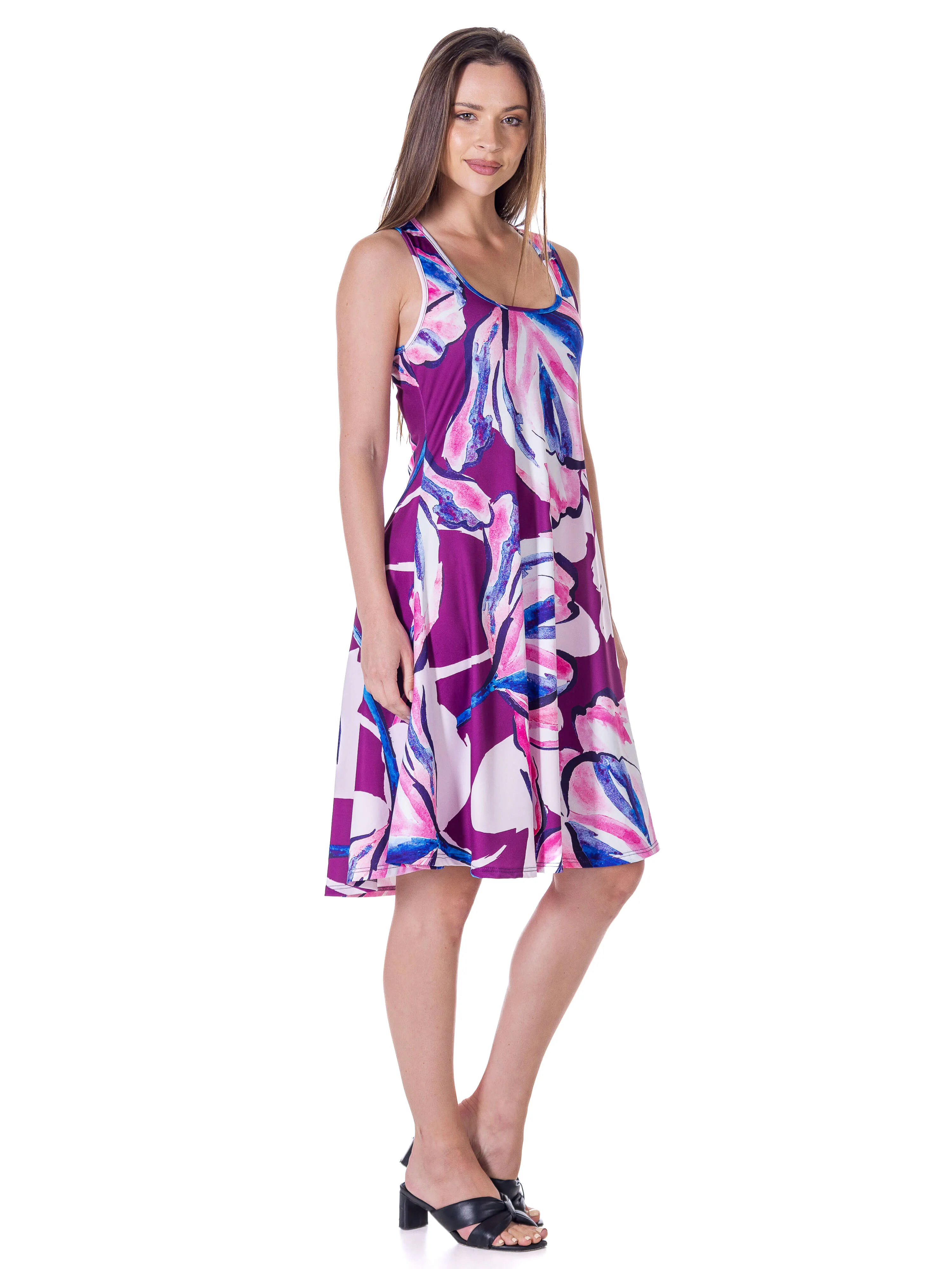 Womens Purple Floral Sleeveless Knee Length Tank Swing Dress